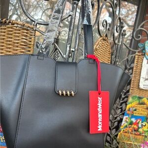 Montana West Black Faux Leather Tote Bag with Gold Accents